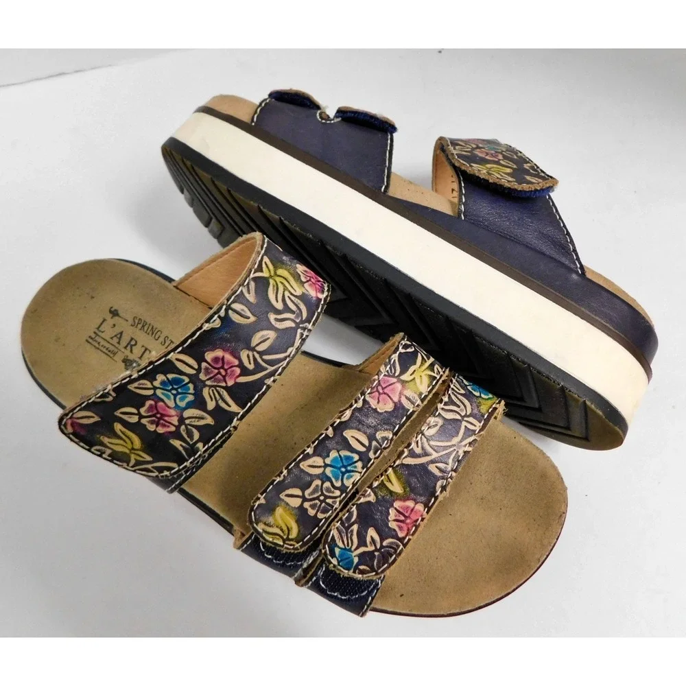 L'Artiste by Spring Step Dearest Black Floral Leather Strap Platform Slide sz 35